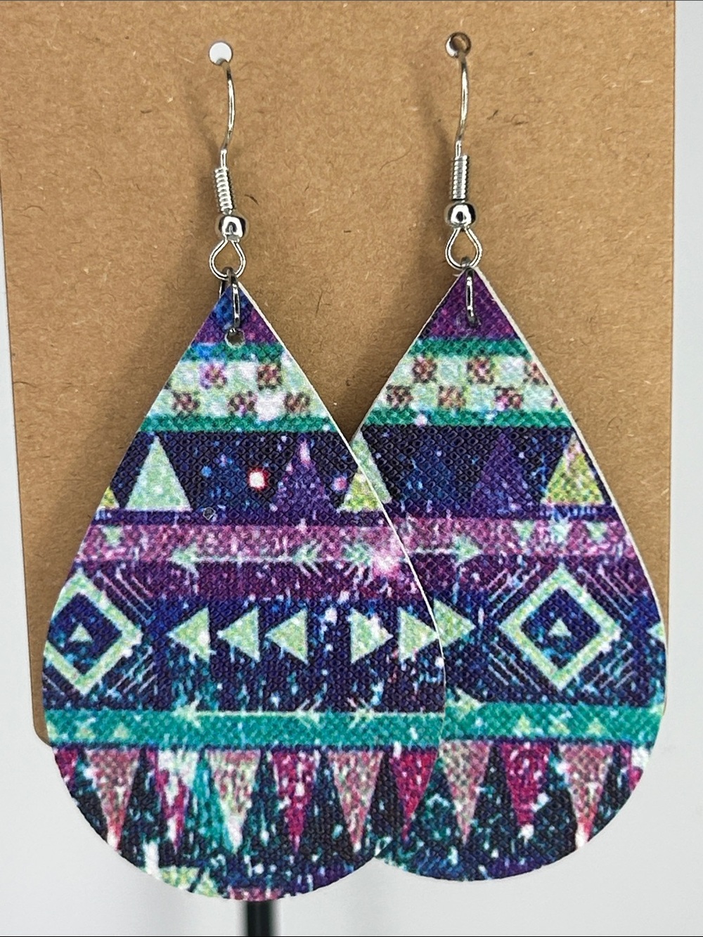 Faux Leather Teardrop Purple & Teal Patterned Earring Fashion Jewelry